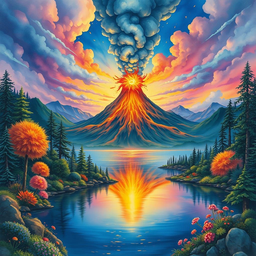 Ethereal Fantasy Volcano Rises from Serene Lake in Vibrant W...