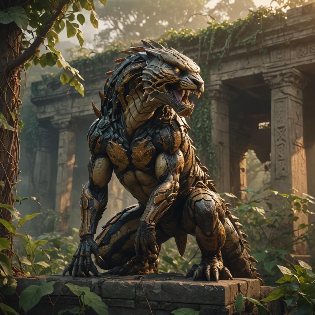 Predator on Ruined Temple in Hyper-Realistic Digital Art