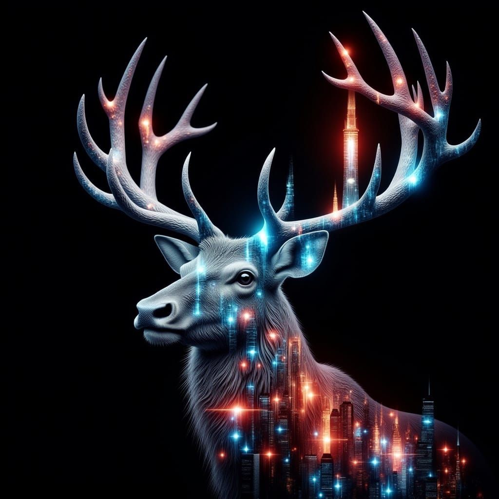 Surreal Elk in Neon Cityscape with Bioluminescent Details