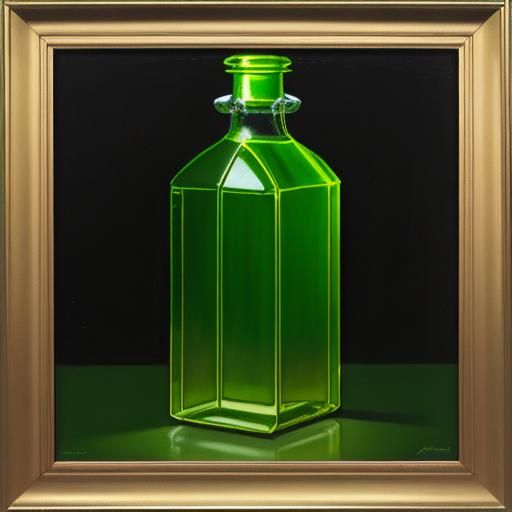 This rectangular bottle is made of translucent lime green gl...