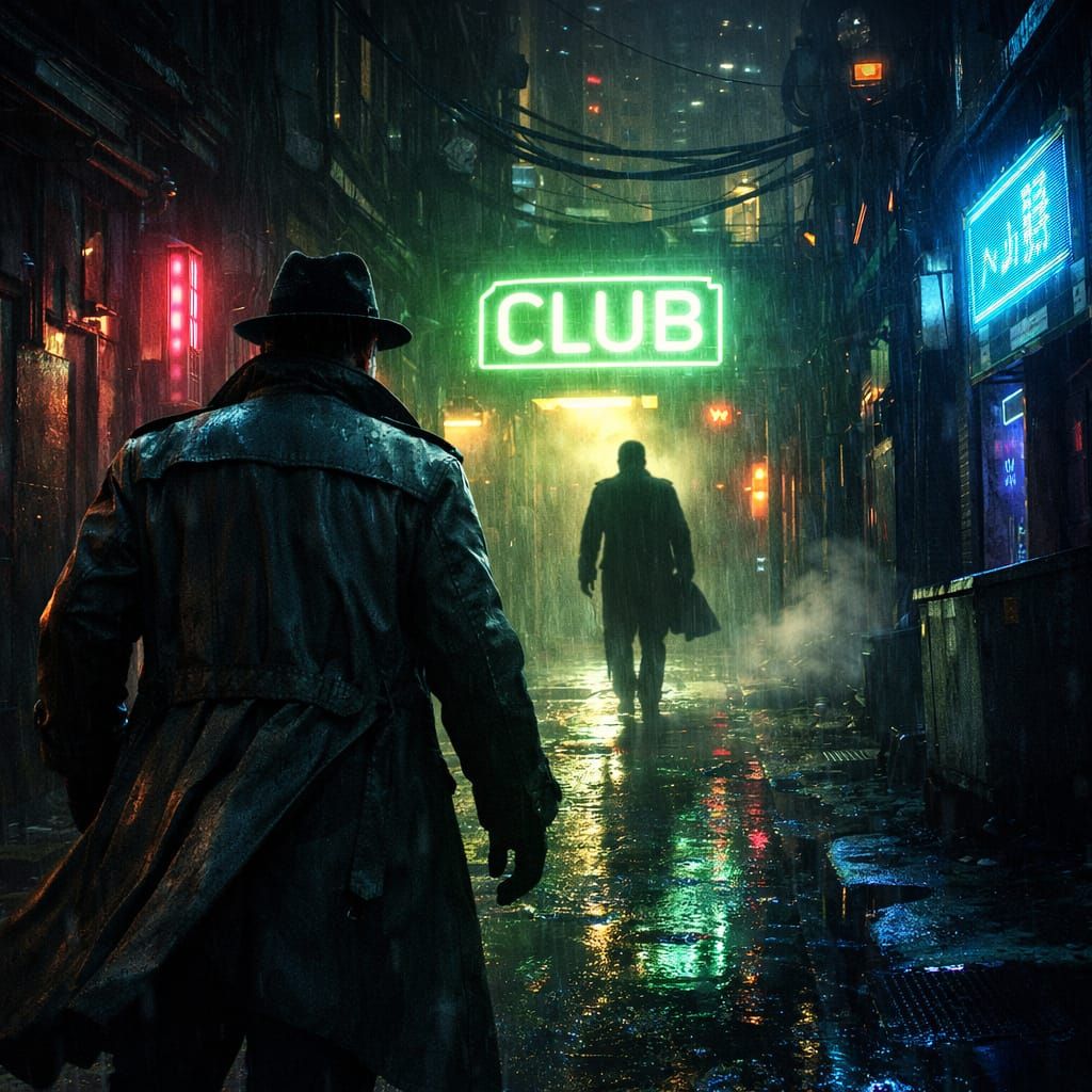 Film Noir Detective Chases Shadow in Neon Alley