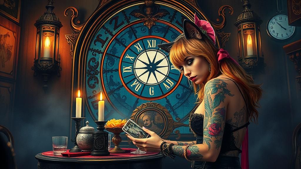 Rockstar Cat Lady in Mystical Tavern, Watercolour Textures