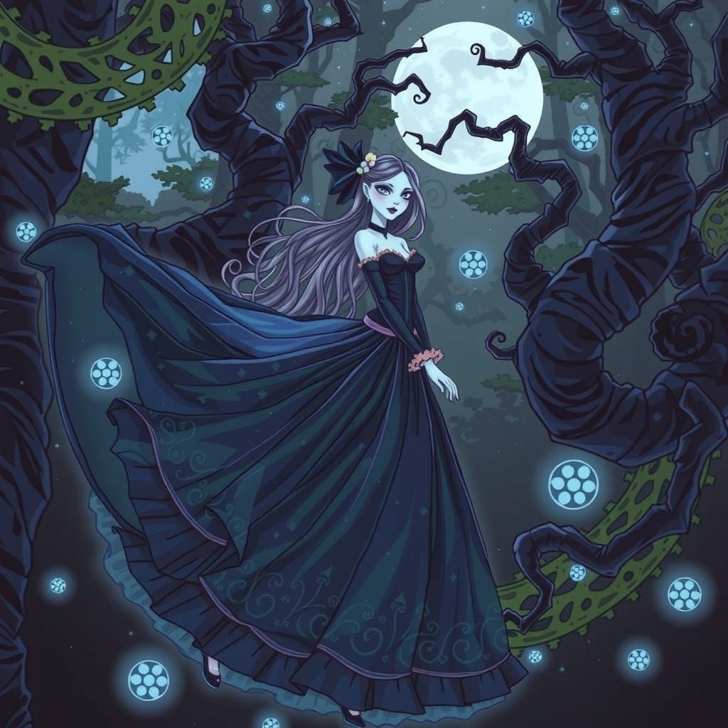 Whimsical Woman in Mystical Forest, in Burton Style