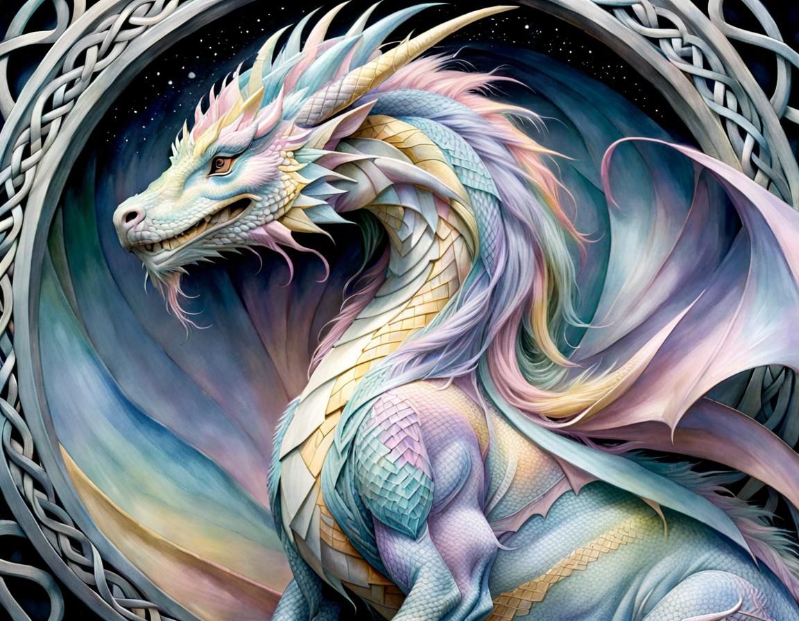 Pastel Dragon with Celtic Knotwork in Watercolor Style