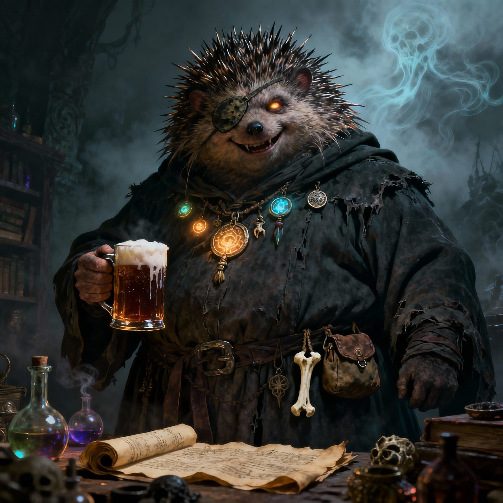 Hedgehog Necromancer in Tattered Robes Holding Ale