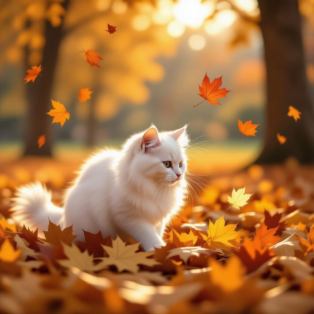 White Cat Plays in Golden Autumn Leaves