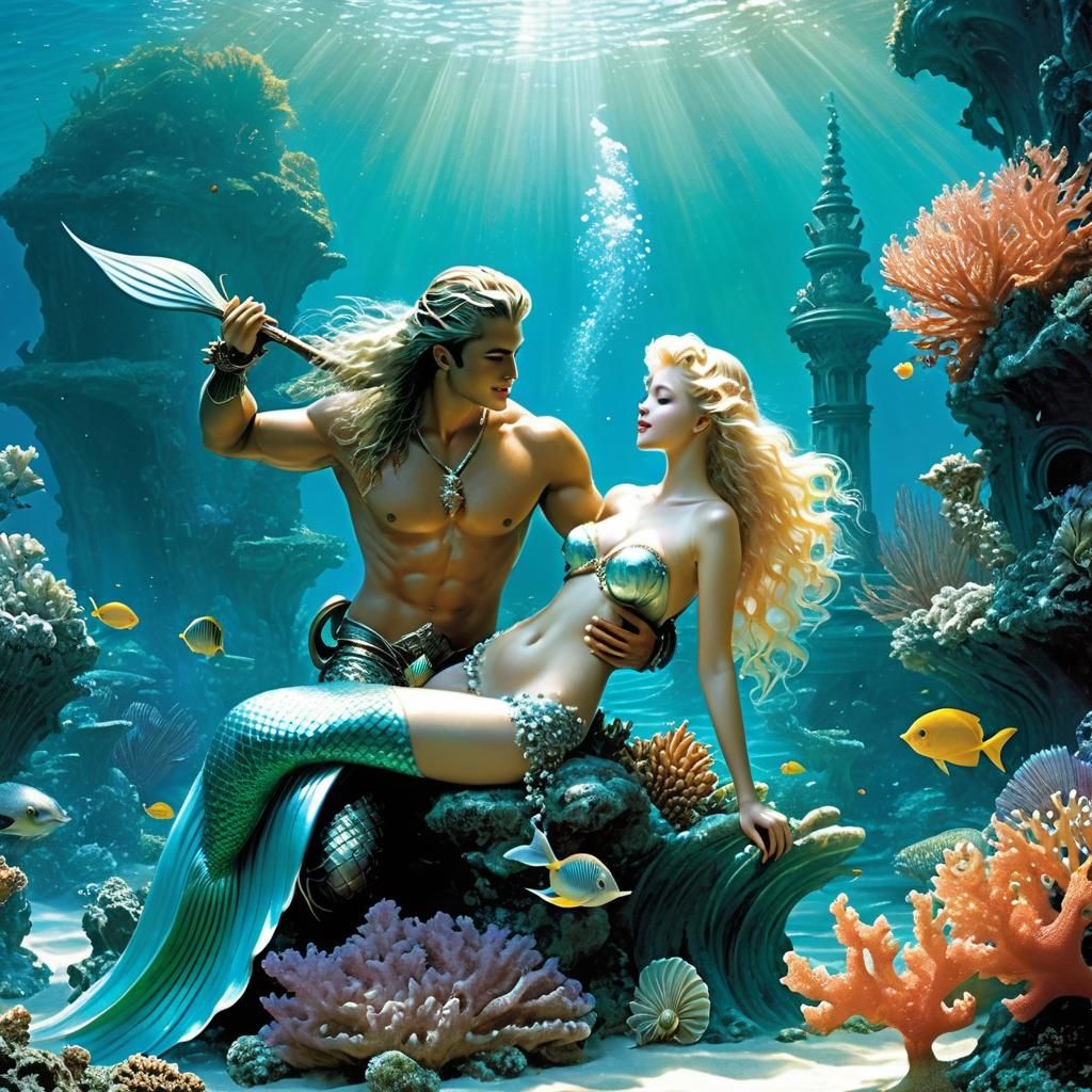 Merman and Mermaid's Seductive Game in Neptune's Gardens