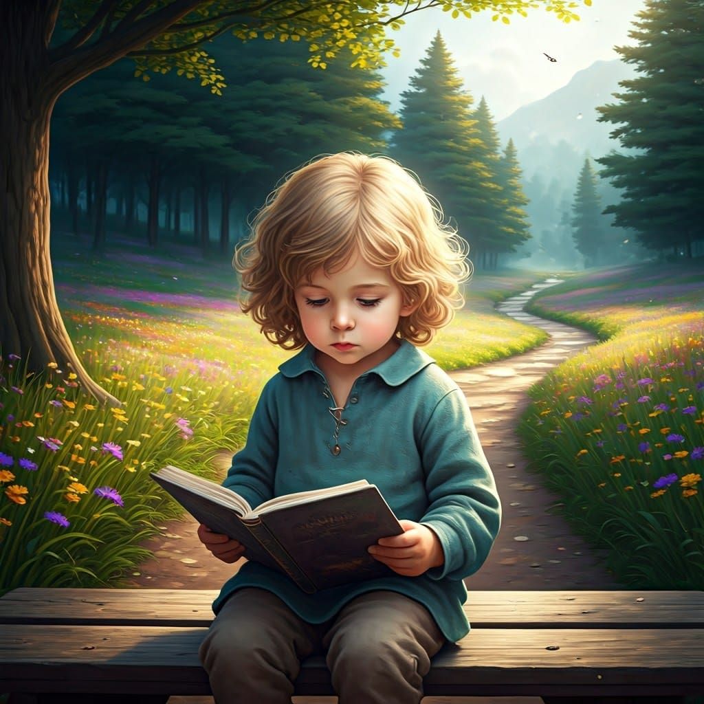 Boy Reading Book in Pastoral Landscape, Detailed Matte Paint...