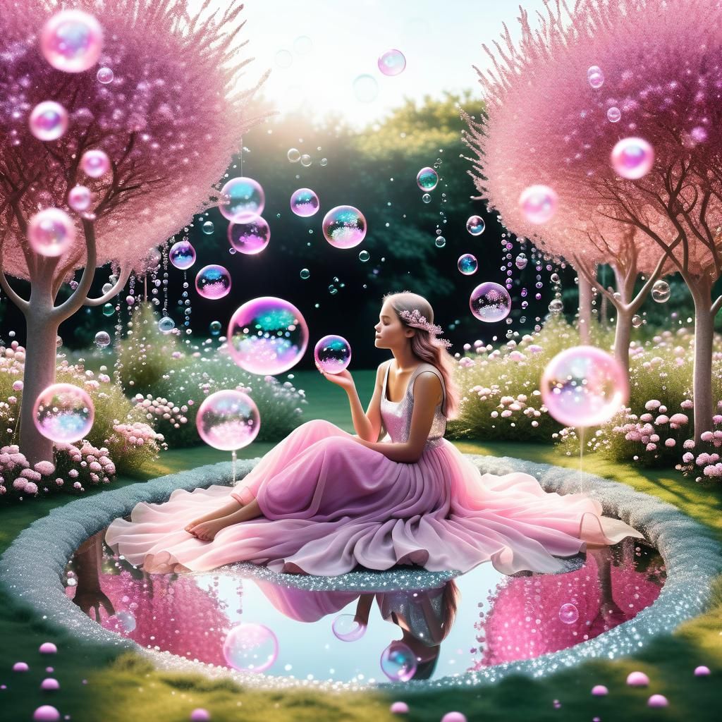 Woman in Magical Garden with Pink Bubbles