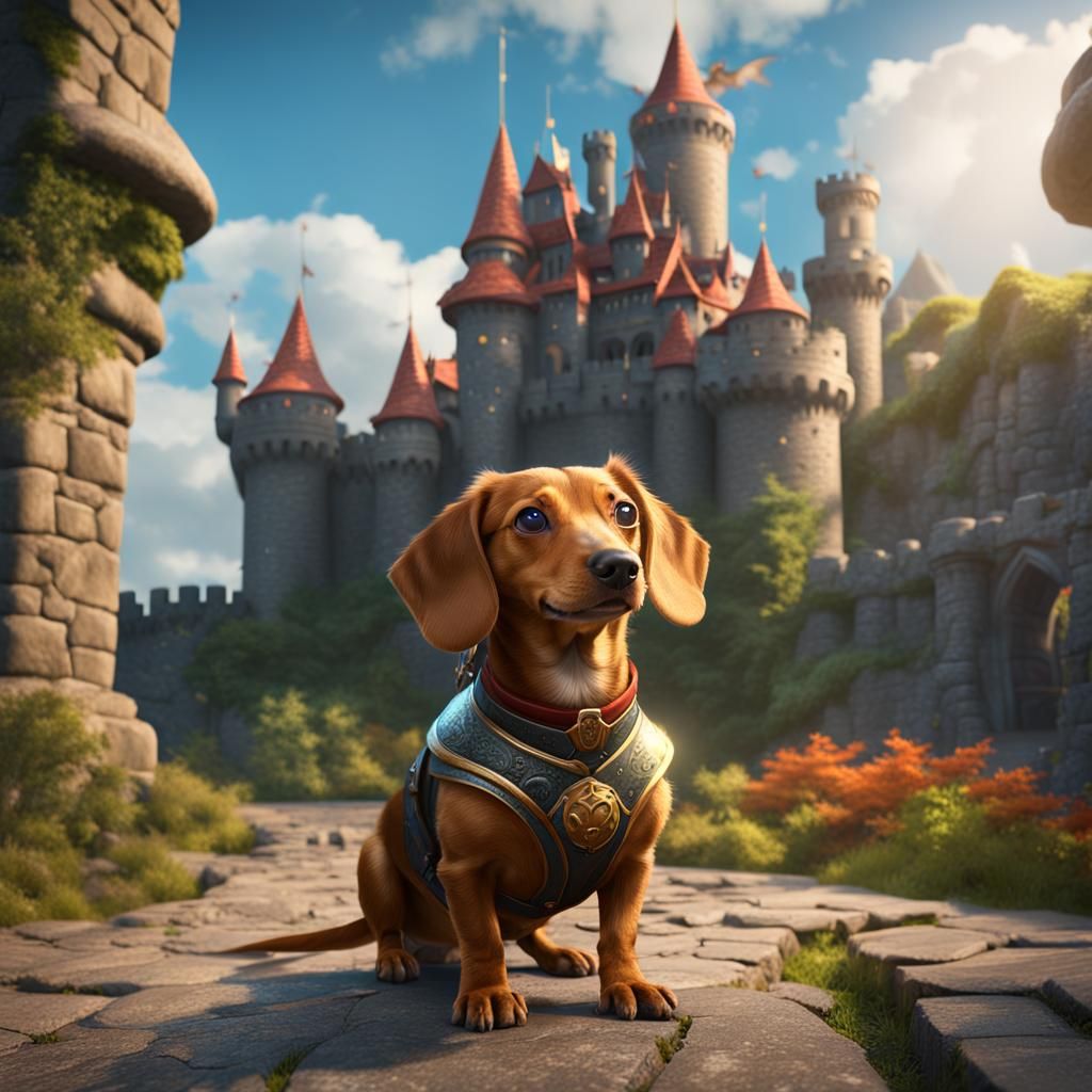 Dachshund at Castle with Dragon: Fantasy Concept Art