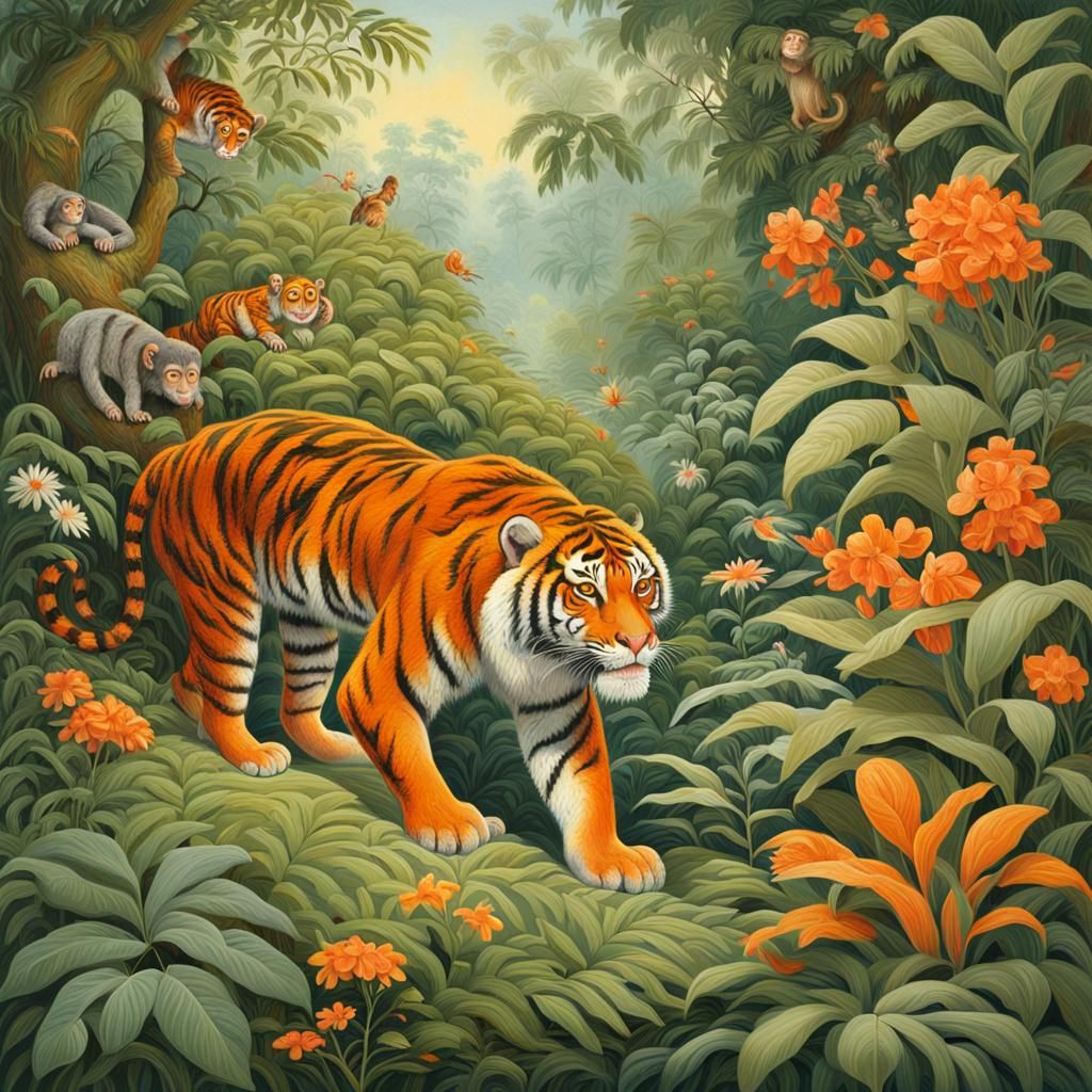 Tiger and Monkey in Forest, Whimsical Art