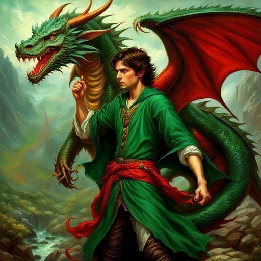 Wizard Battles Dragon in Waterhouse Style
