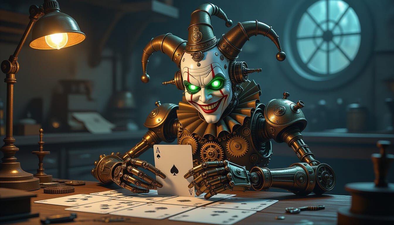 Clockwork Jester Assembling Cards in Steampunk Workshop