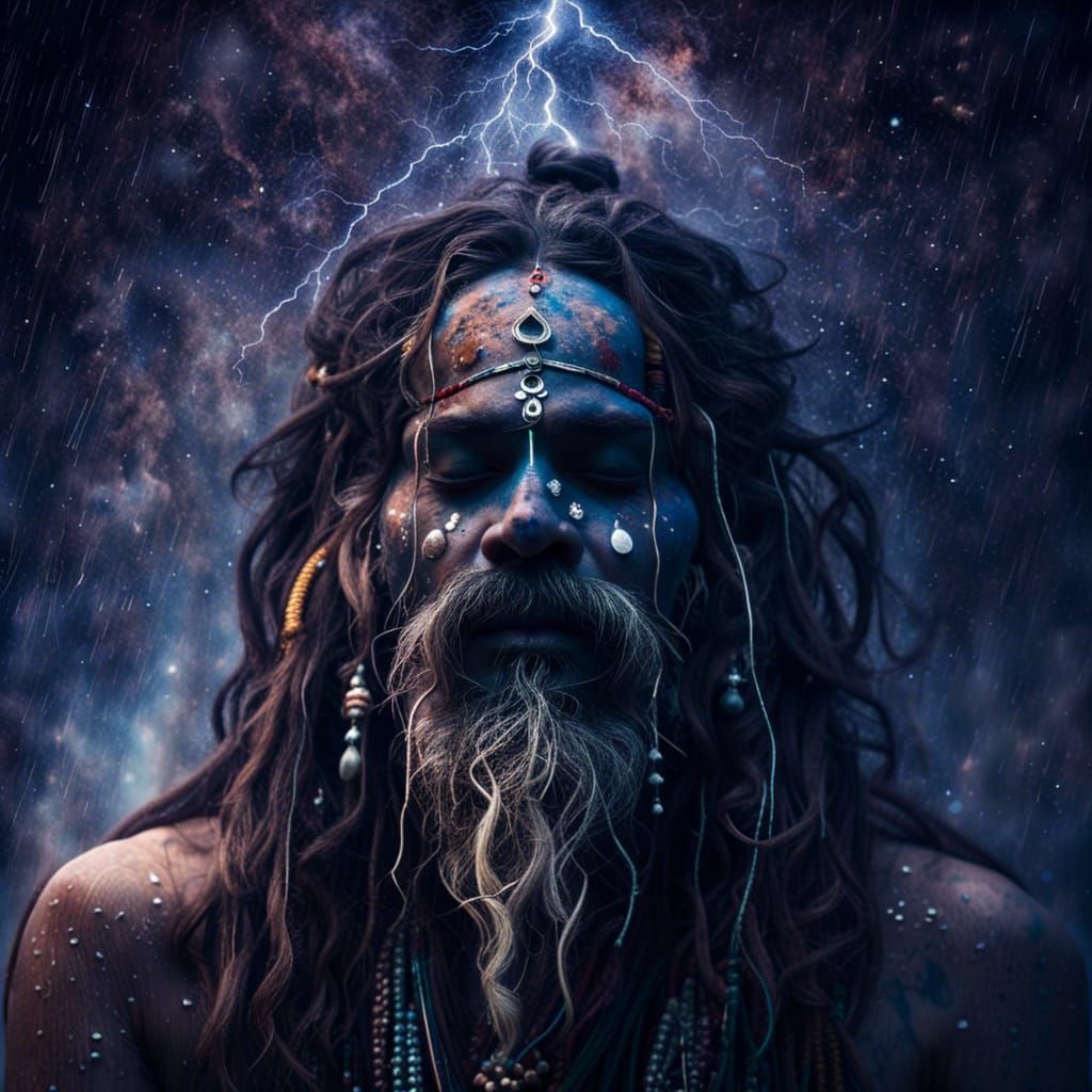 Aghori Sadhu in Trance Amidst Cosmic Storm
