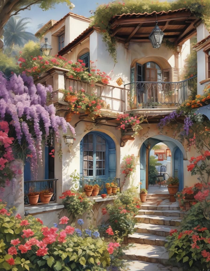 Mediterranean House with Veranda in Watercolor Style