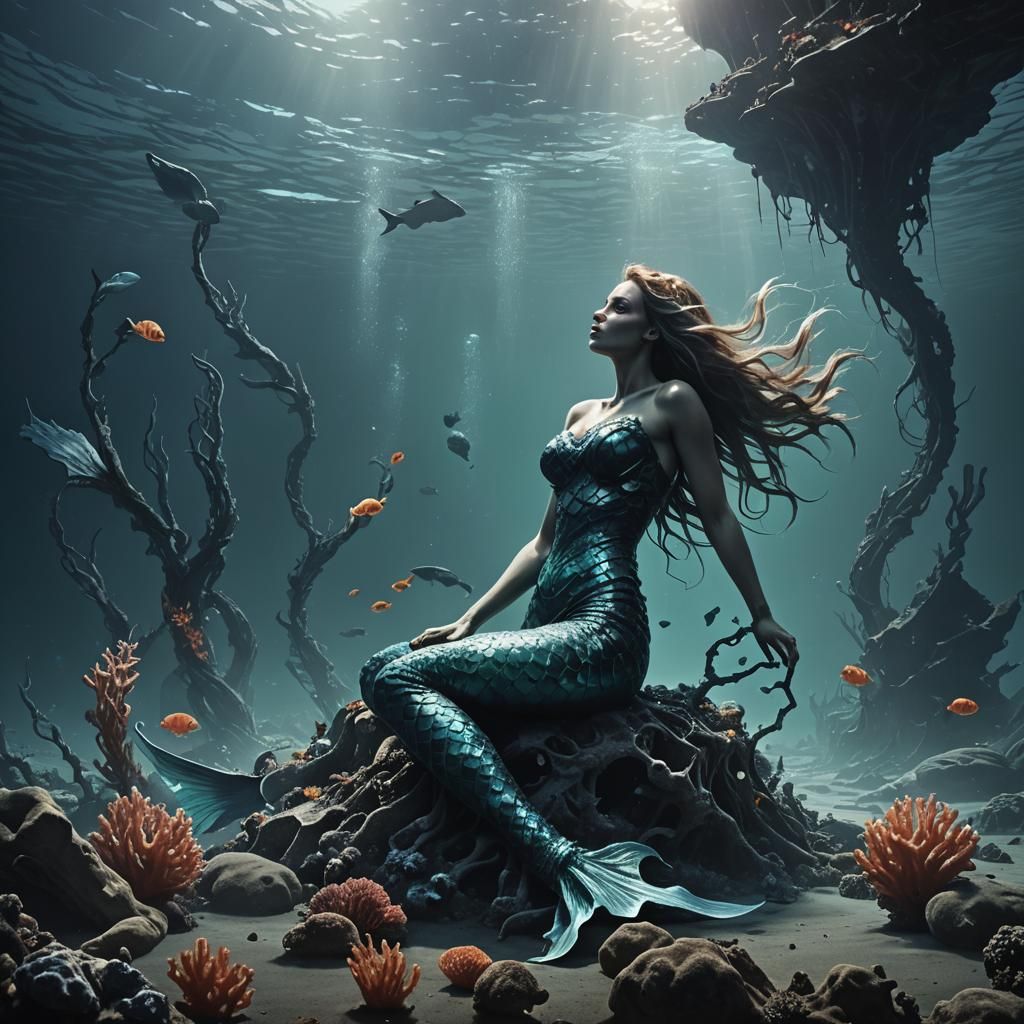 Eerie Mermaid Scene in Dystopian Underwater Wasteland