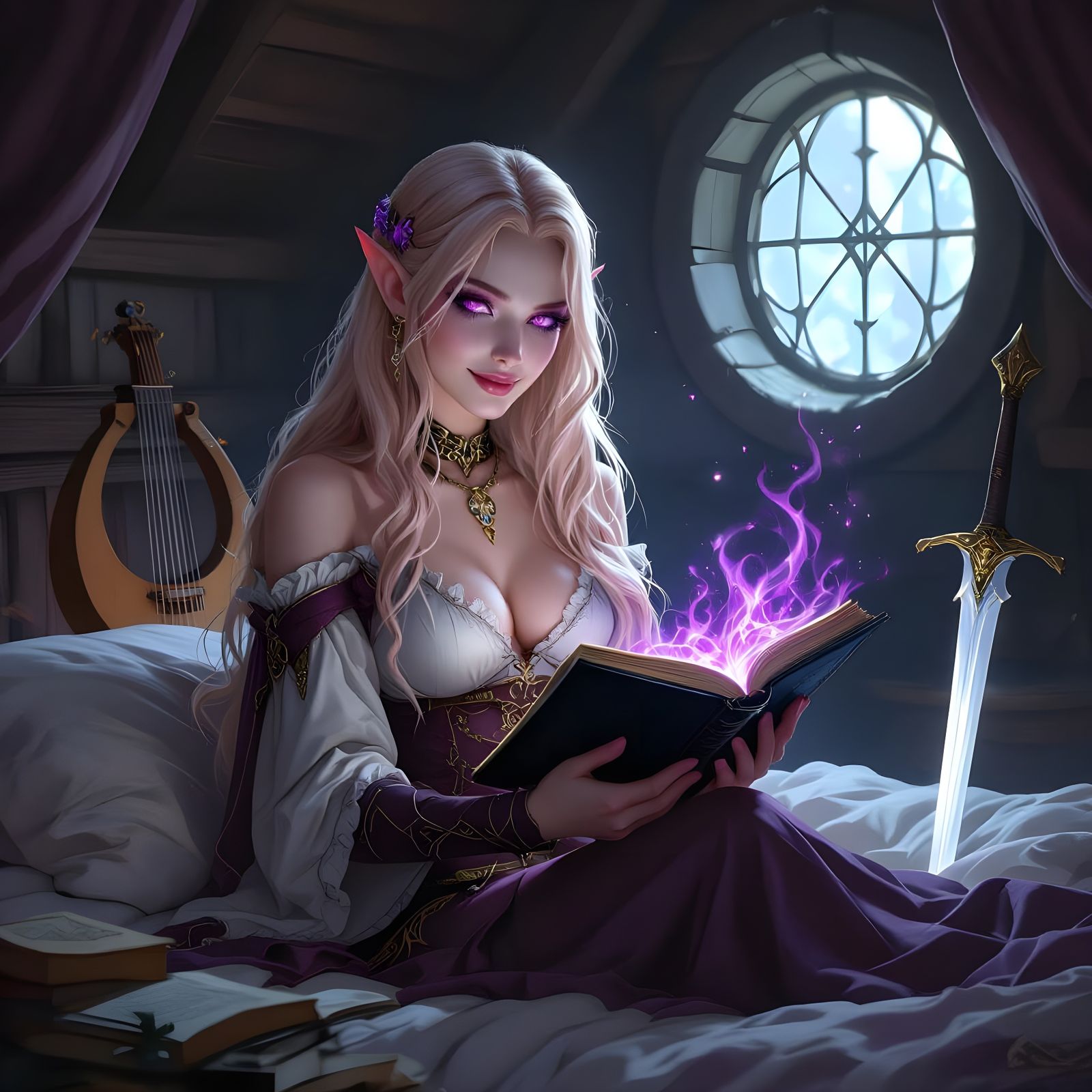 High Elf Reading Dark Magic Book in Tavern Bedroom