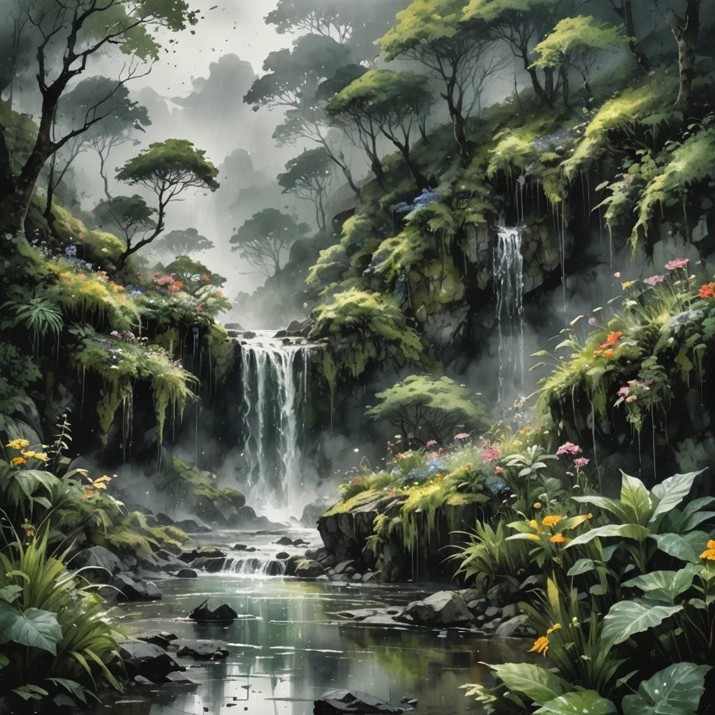 Lush Summerscape in Rain: Watercolor Illustration