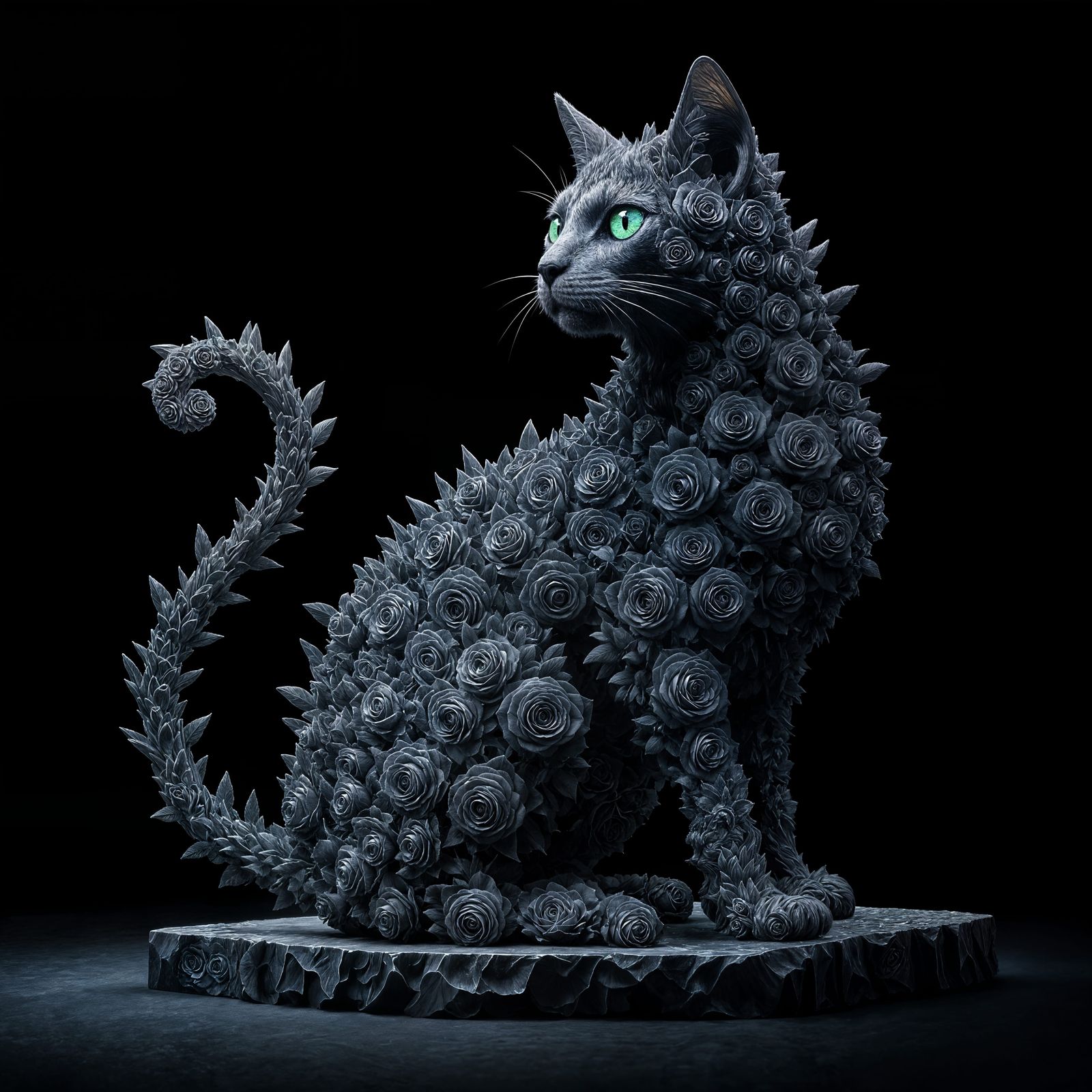 Black Rose Cat Sculpture with Obsidian Eyes