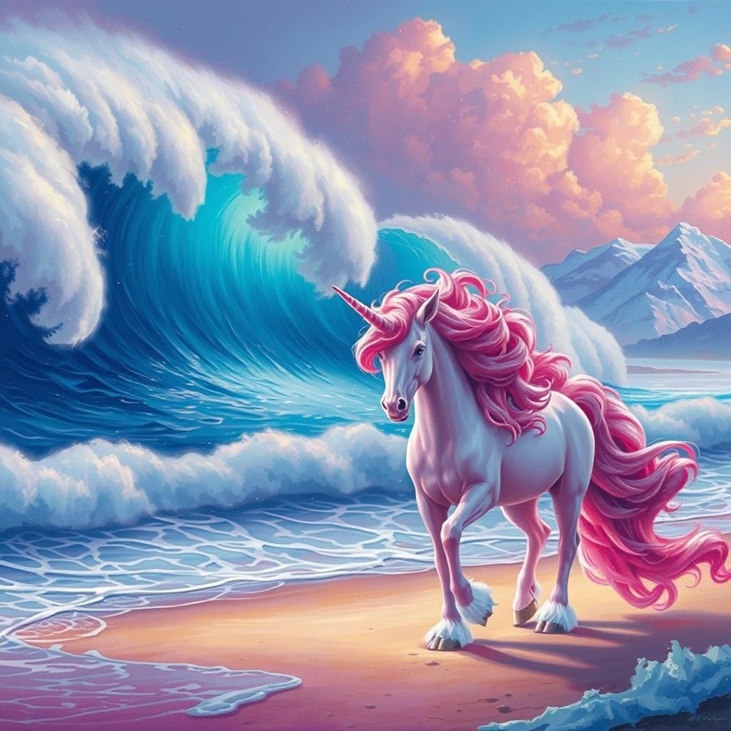 Pink Unicorn on Beach with Waves