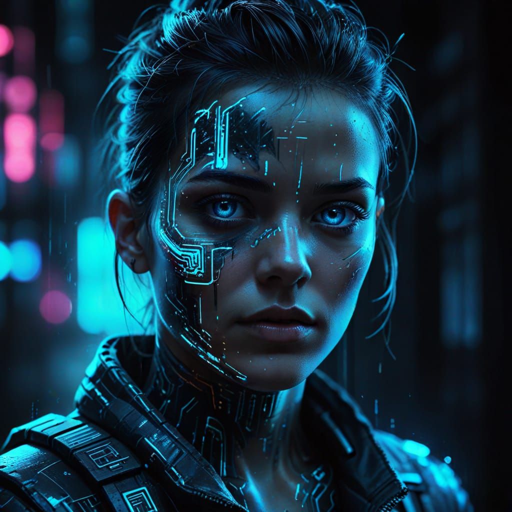 Cyberpunk Portrait with Glitch Effects in Digital Art Style
