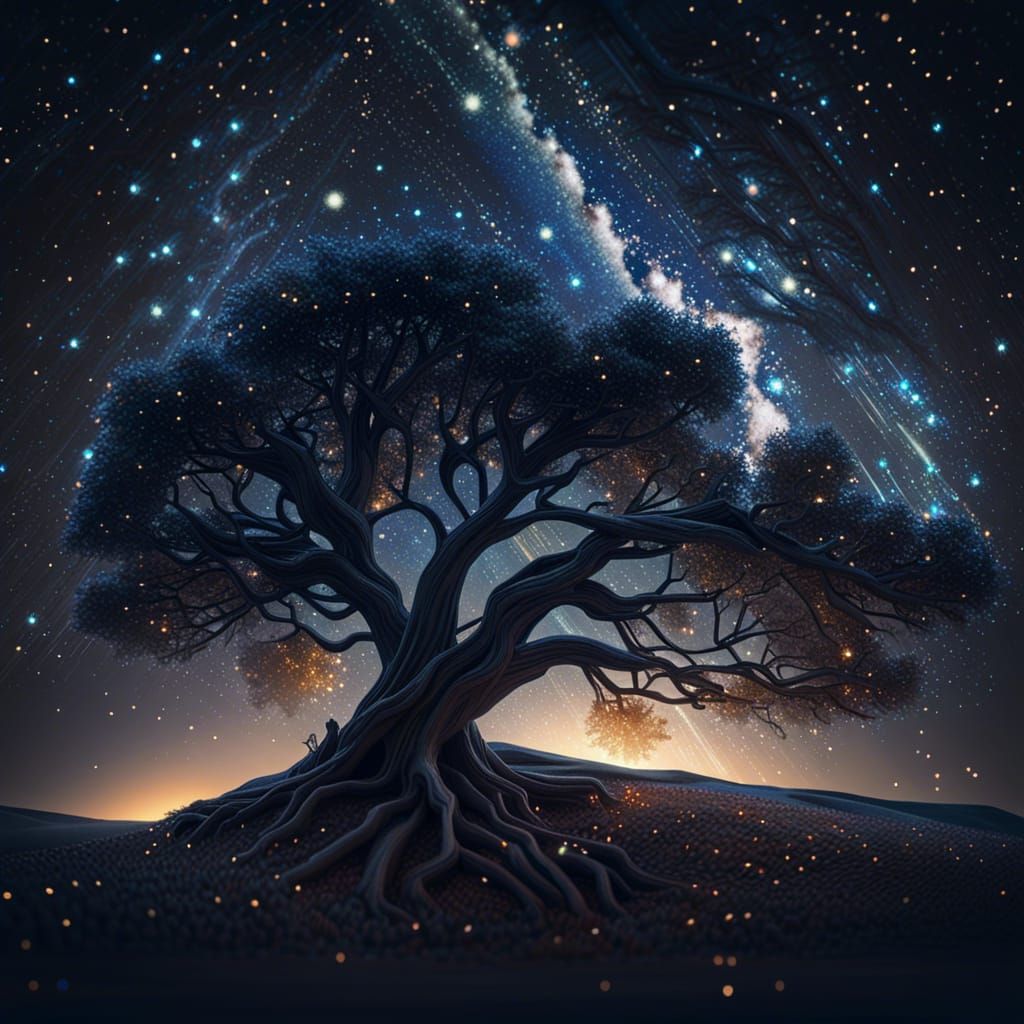 Photorealistic Tree Under Starry Milky Way Landscape