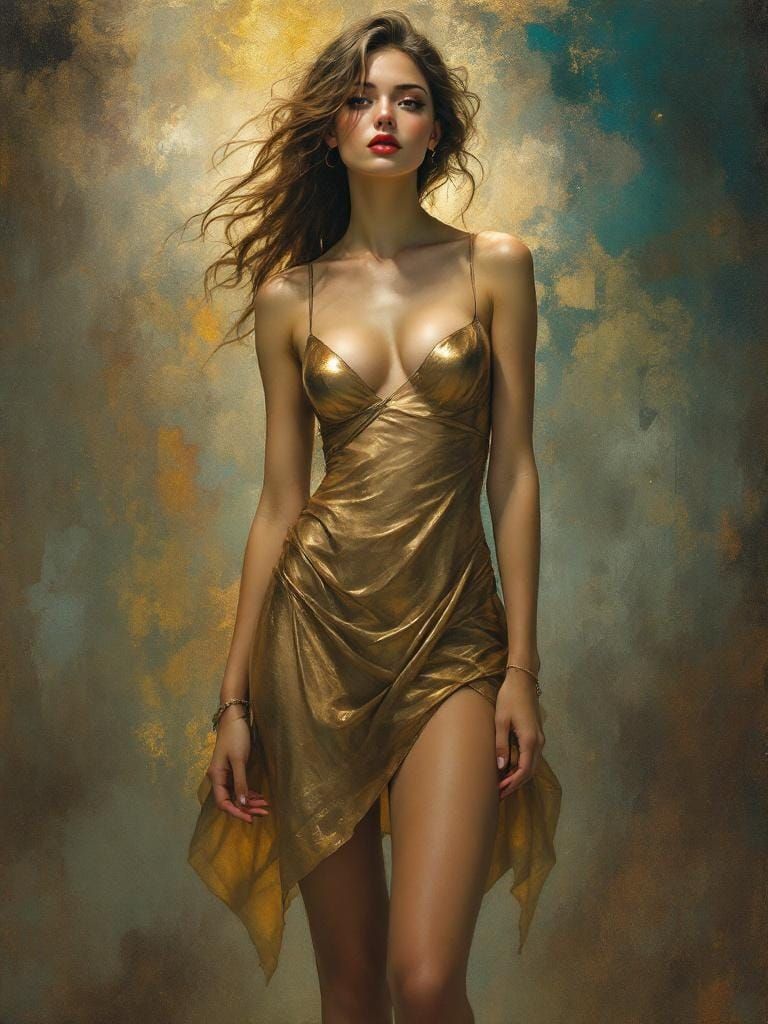 Swedish Pin-Up in Gold Dress, Art Nouveau Style