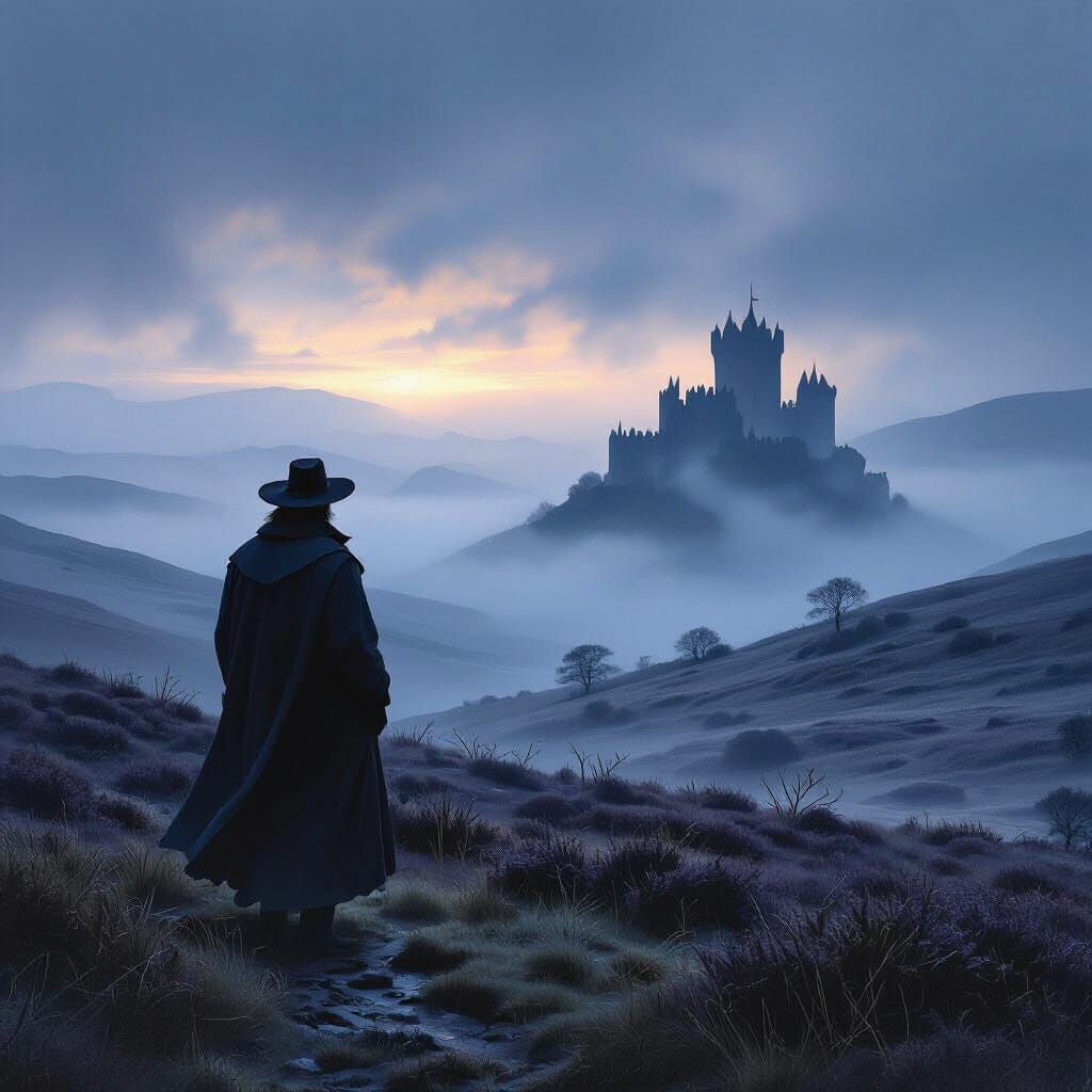 Misty Moor Traveler in Romantic Landscape Style