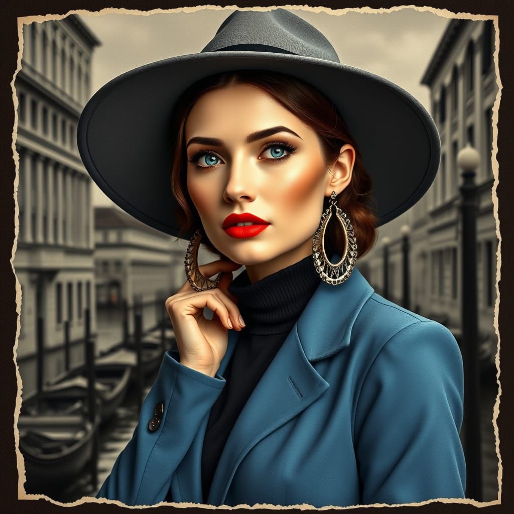 Elegant Woman in Venice: Art Nouveau Postcard