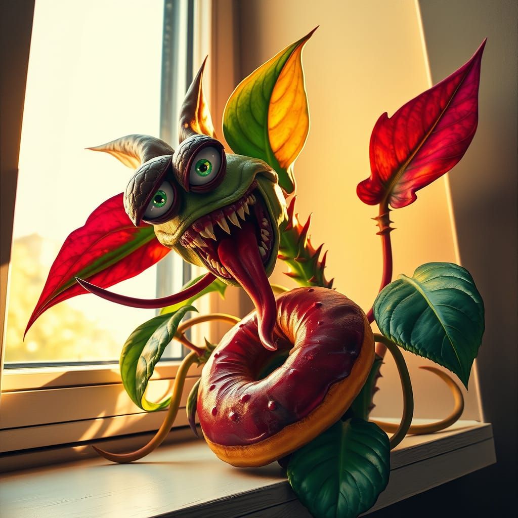 Surreal Houseplant Eats Donut in Vibrant Oil Painting