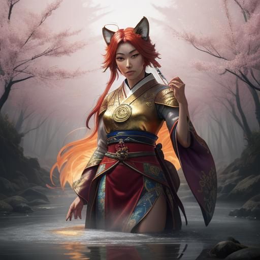 Japanese Fox Goddess Portrait in Art Nouveau Style