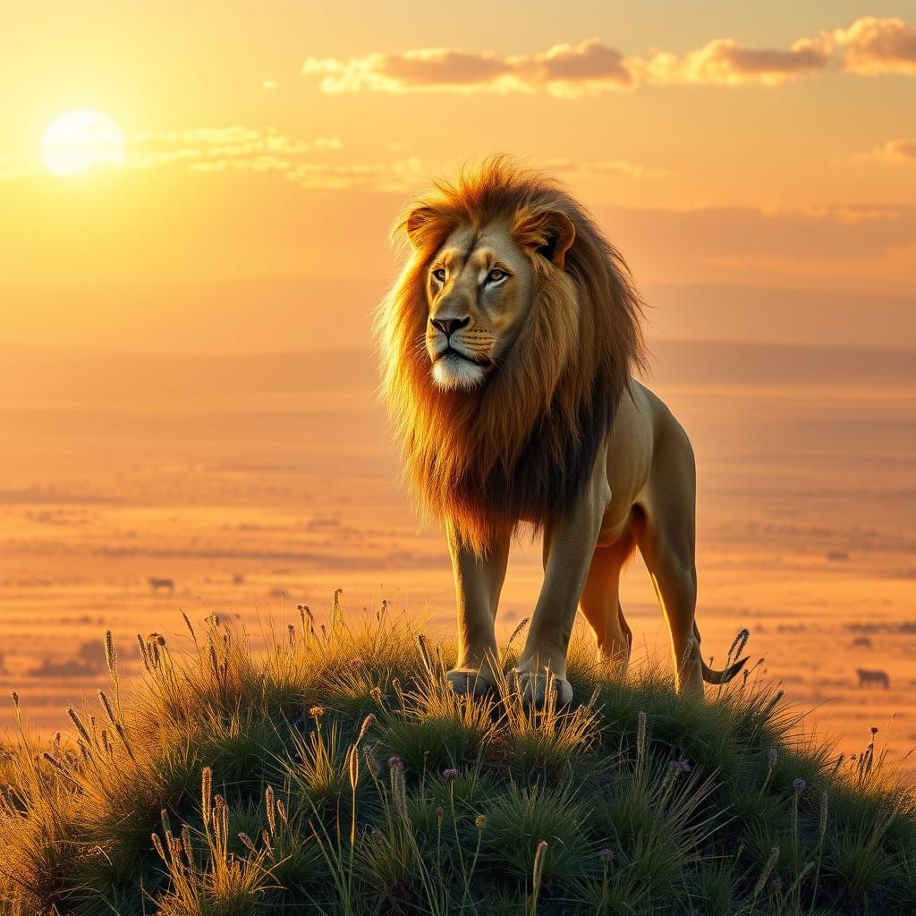 Lion with Wildflower Mane on Savannah at Sunset