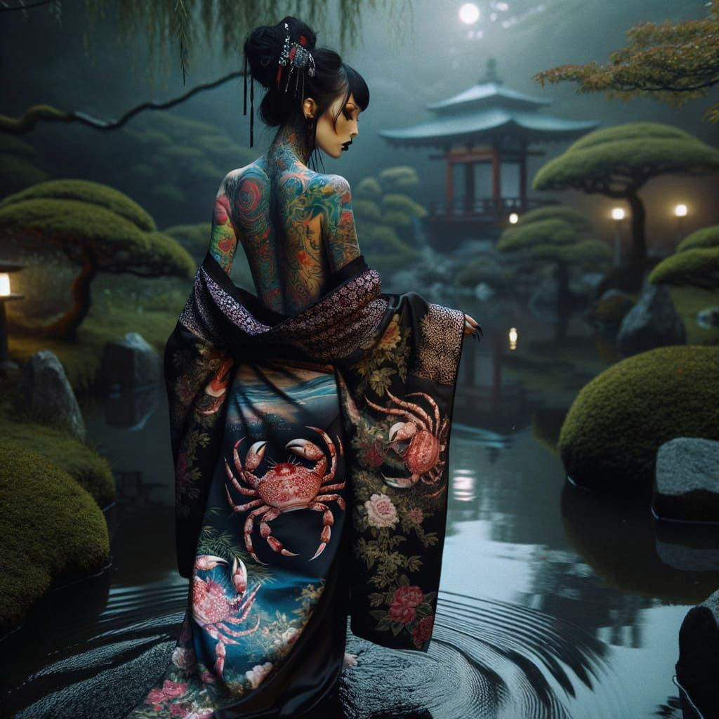 Goth-Punk Geisha with Crab Kimono in Moonlight
