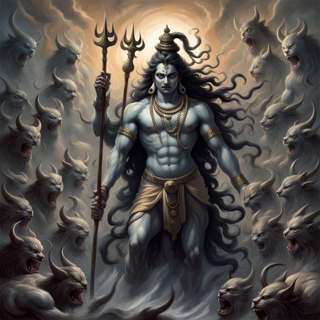 Wrathful Lord Shiva's Trident Destroys Demons