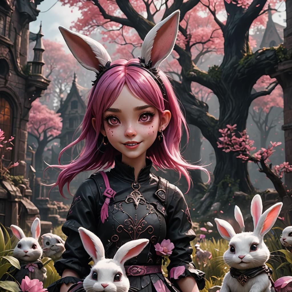 Surreal Bunny Girl with Fangs and Pink Hair