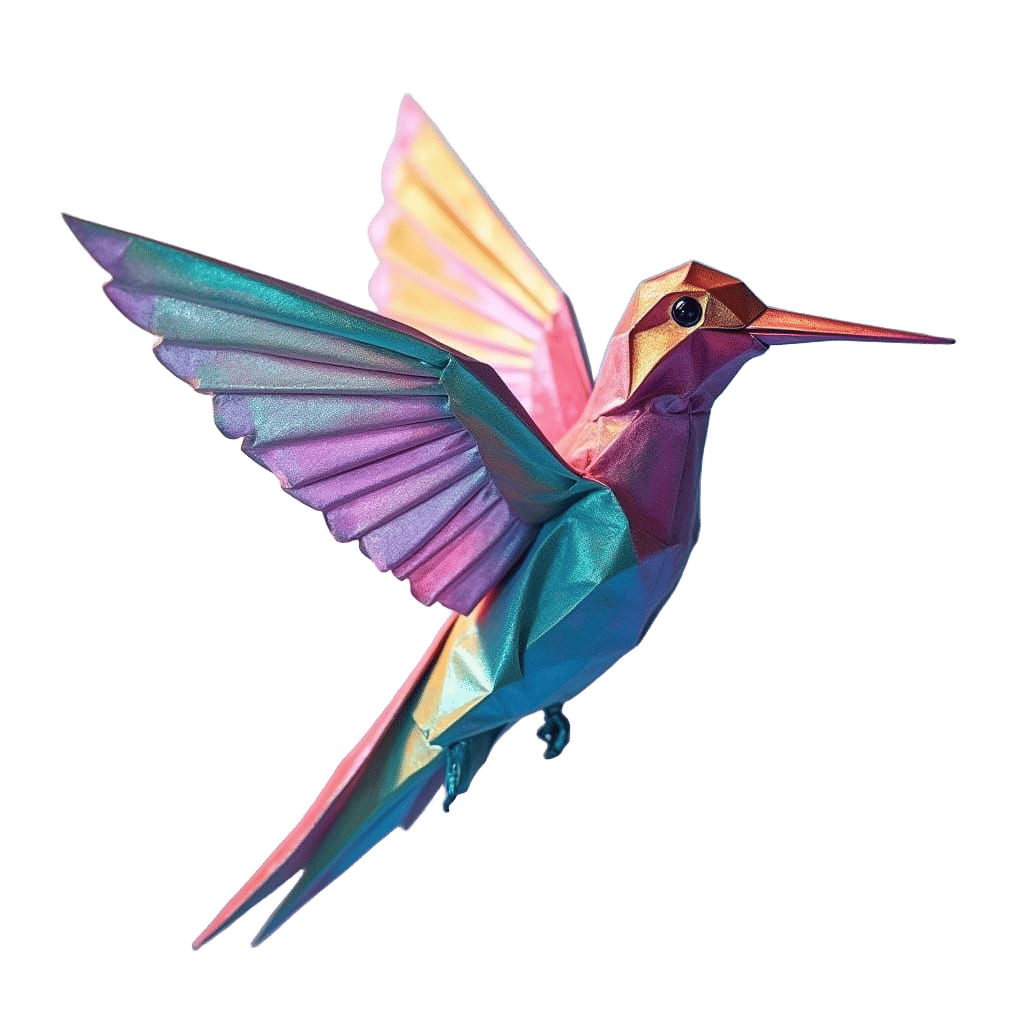 Iridescent Origami Hummingbird Sculpture in Pastel Setting