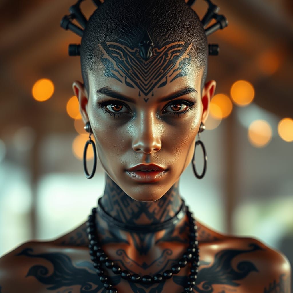 Cyberpunk Woman with Tribal Metallic Tattoos