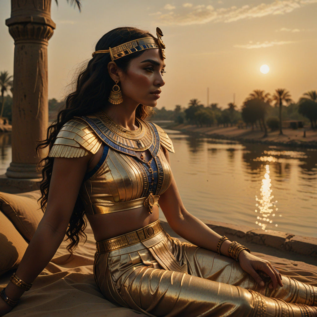 Elegant Ancient Egyptian Goddess by Sunset Nile River