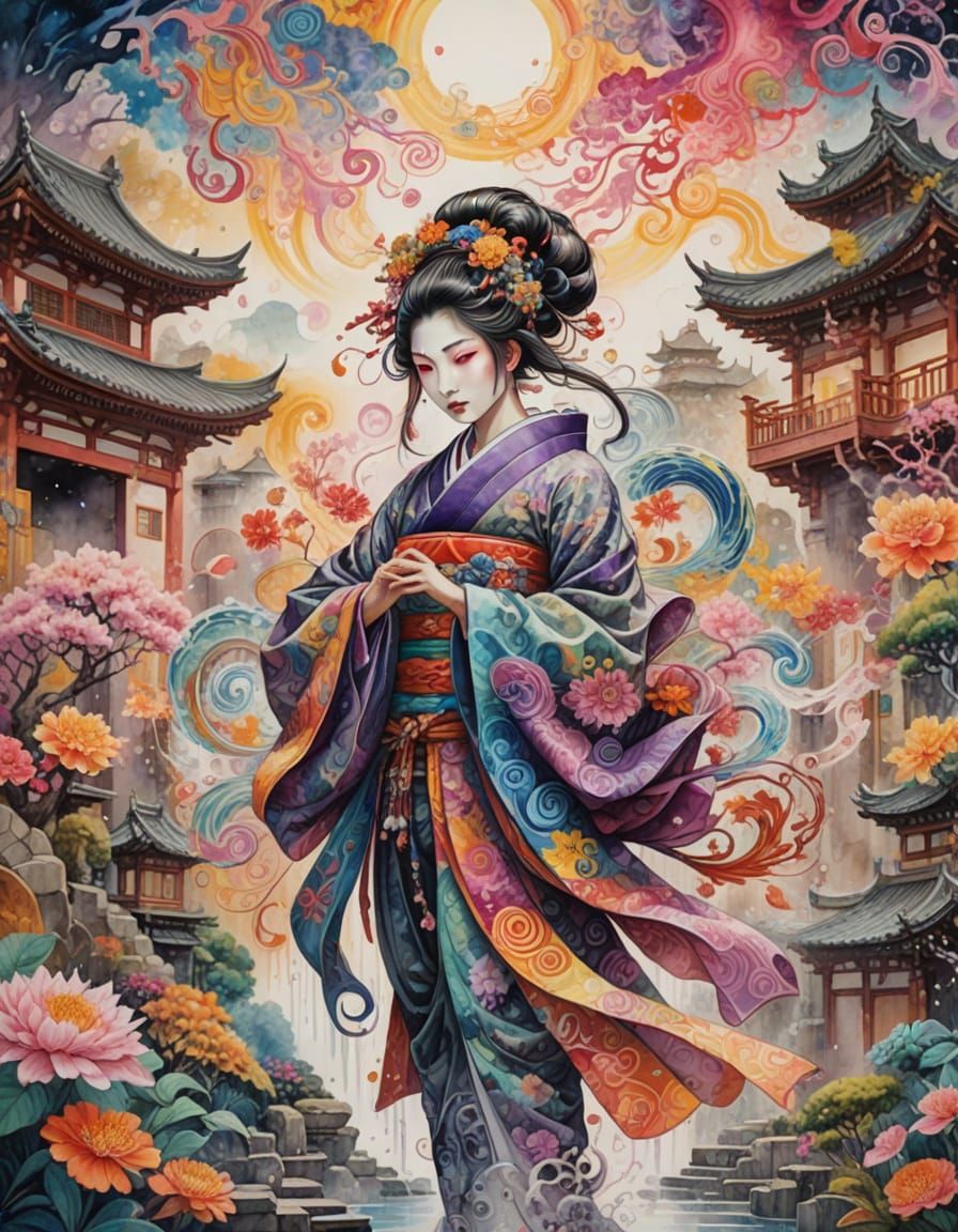 Psychedelic Geisha Samurai in Japanese Courtyard