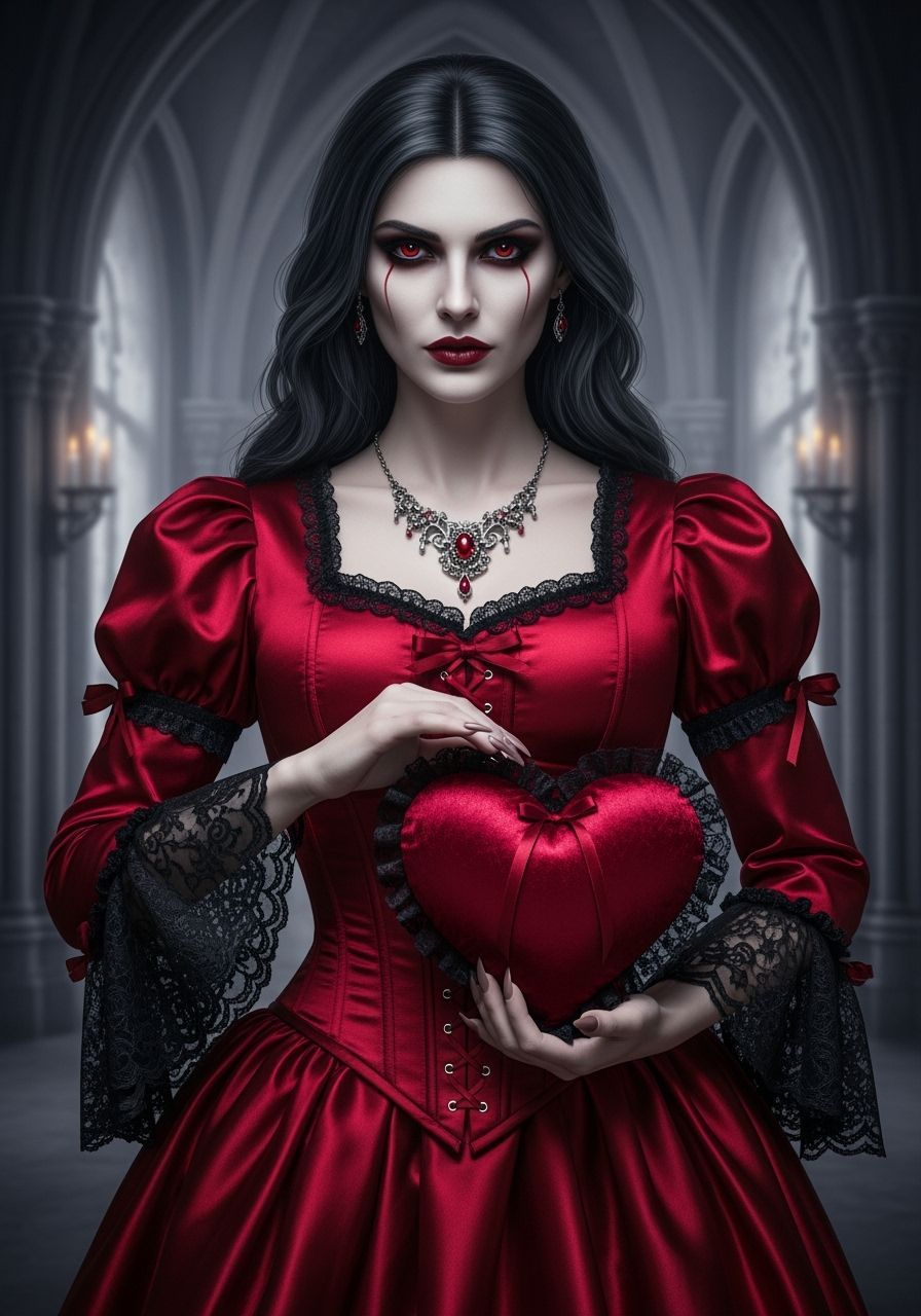 Gothic Vampire Woman in Red Satin Holding Velvet Heart