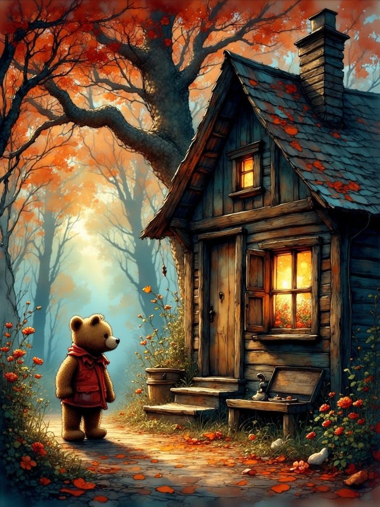 Magical Autumn Forest Scene with Oak Tree and Cozy House