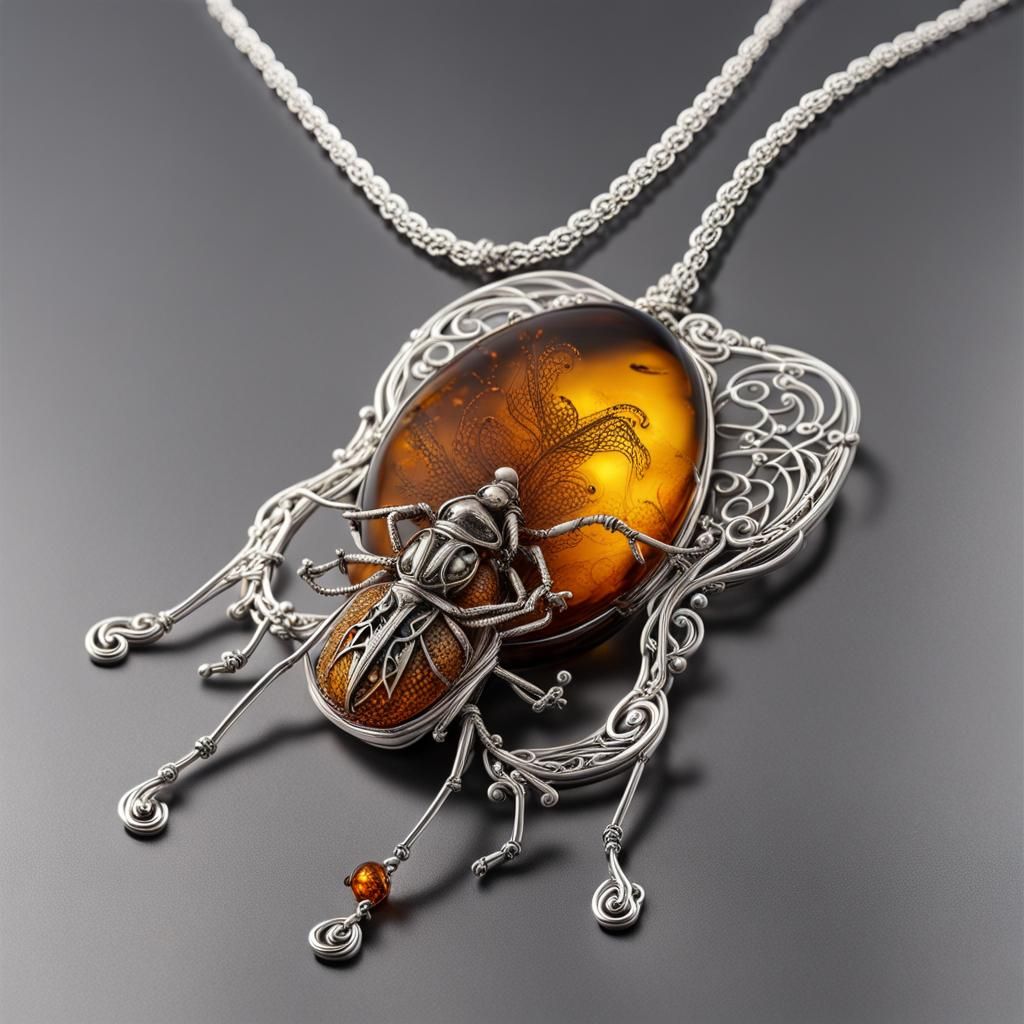 Prehistoric Bug in Amber Pendant on Silver Chain