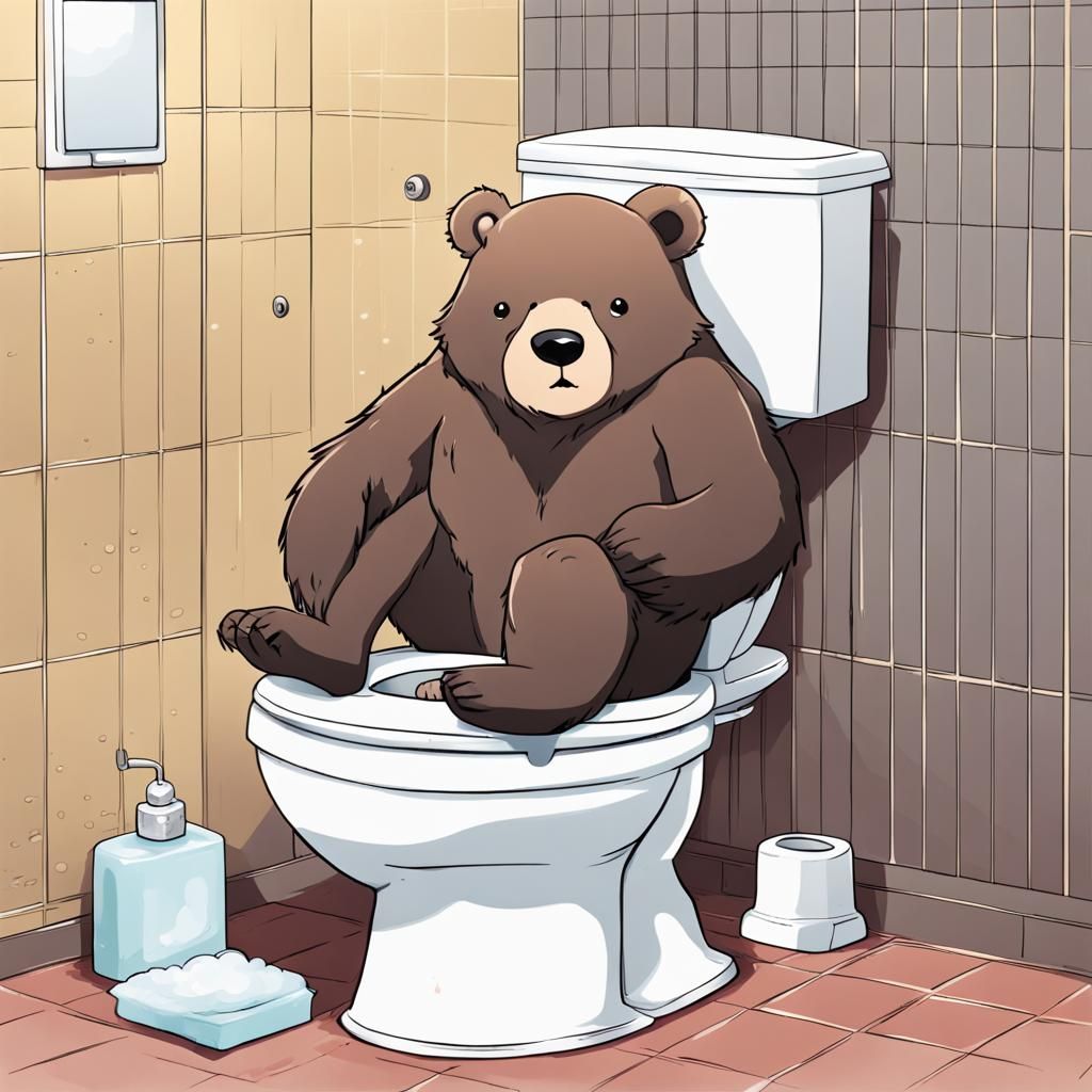 Bear on Toilet in Anime Style