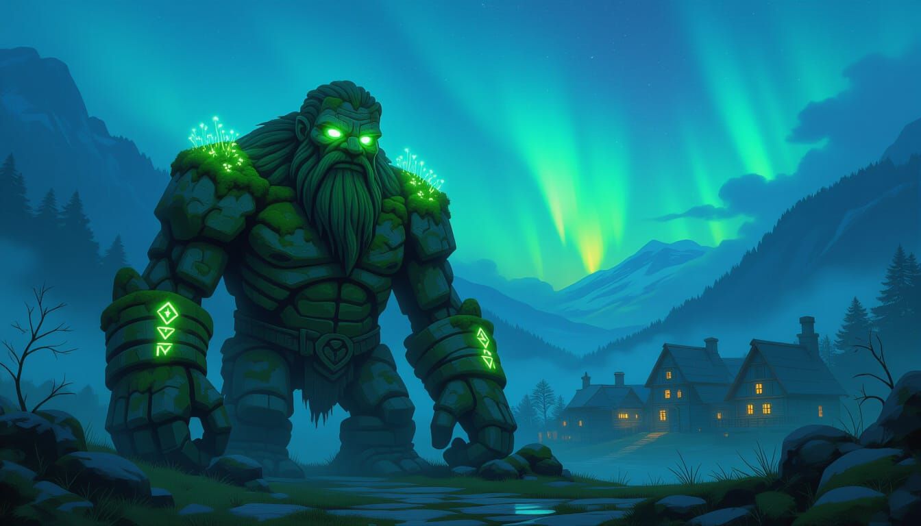 Moss Covered Golem Guards Misty Village Under Aurora Sky