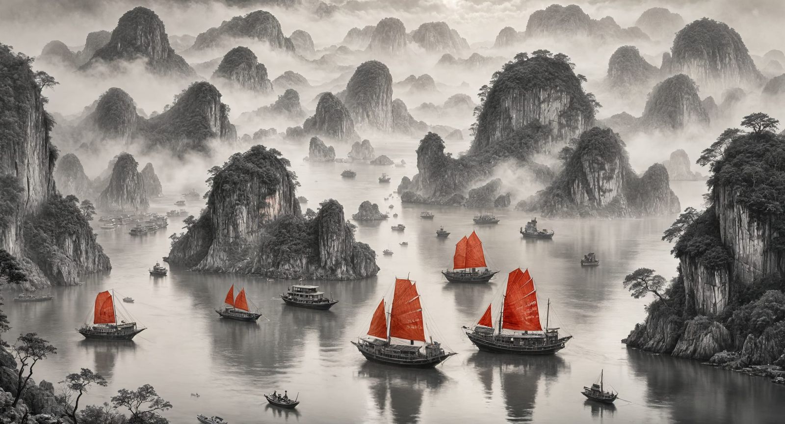 Misty Halong Bay: A Charcoal Landscape Drawing