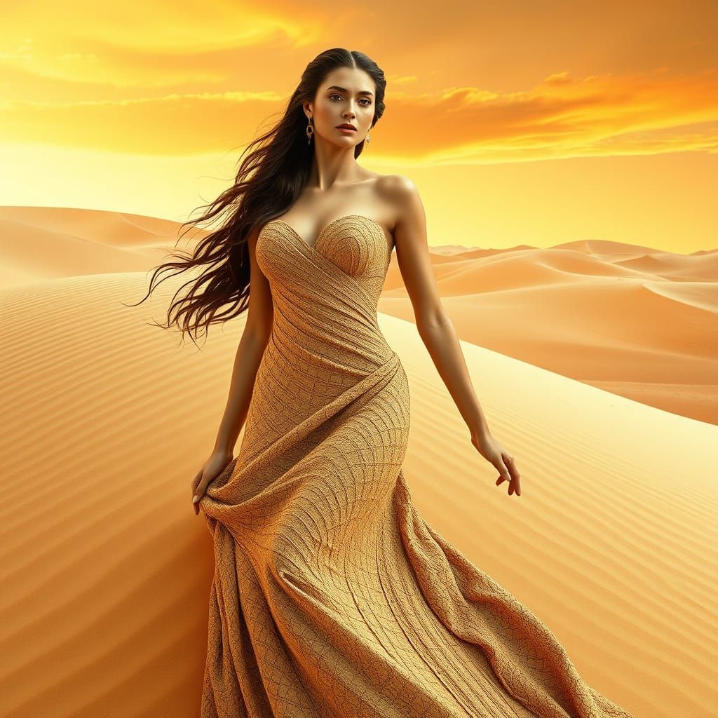 Golden Desert Goddess in Intricate Sandy Dress