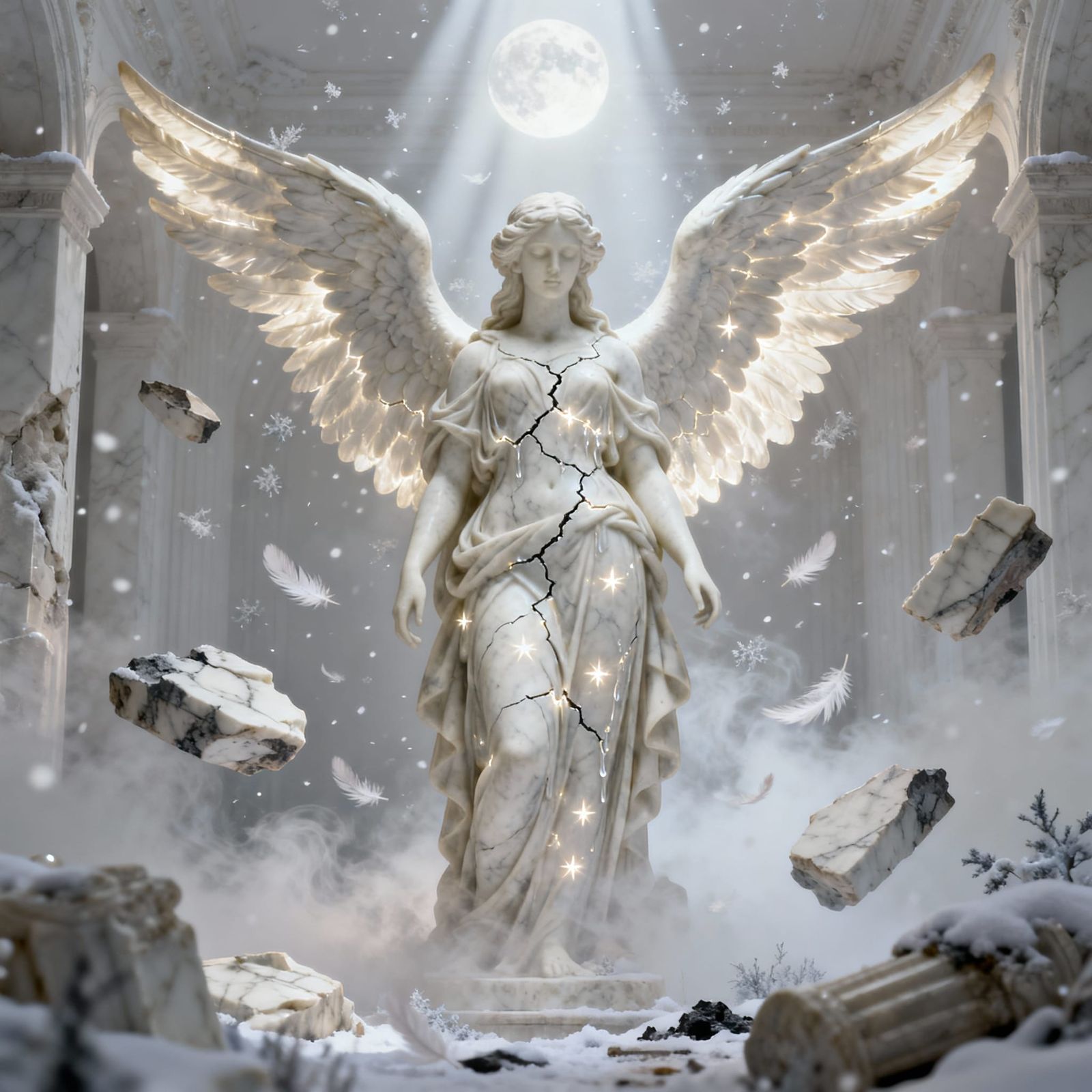 Serene Goddess Statue With Glowing Cracks in Moonlit Chamber