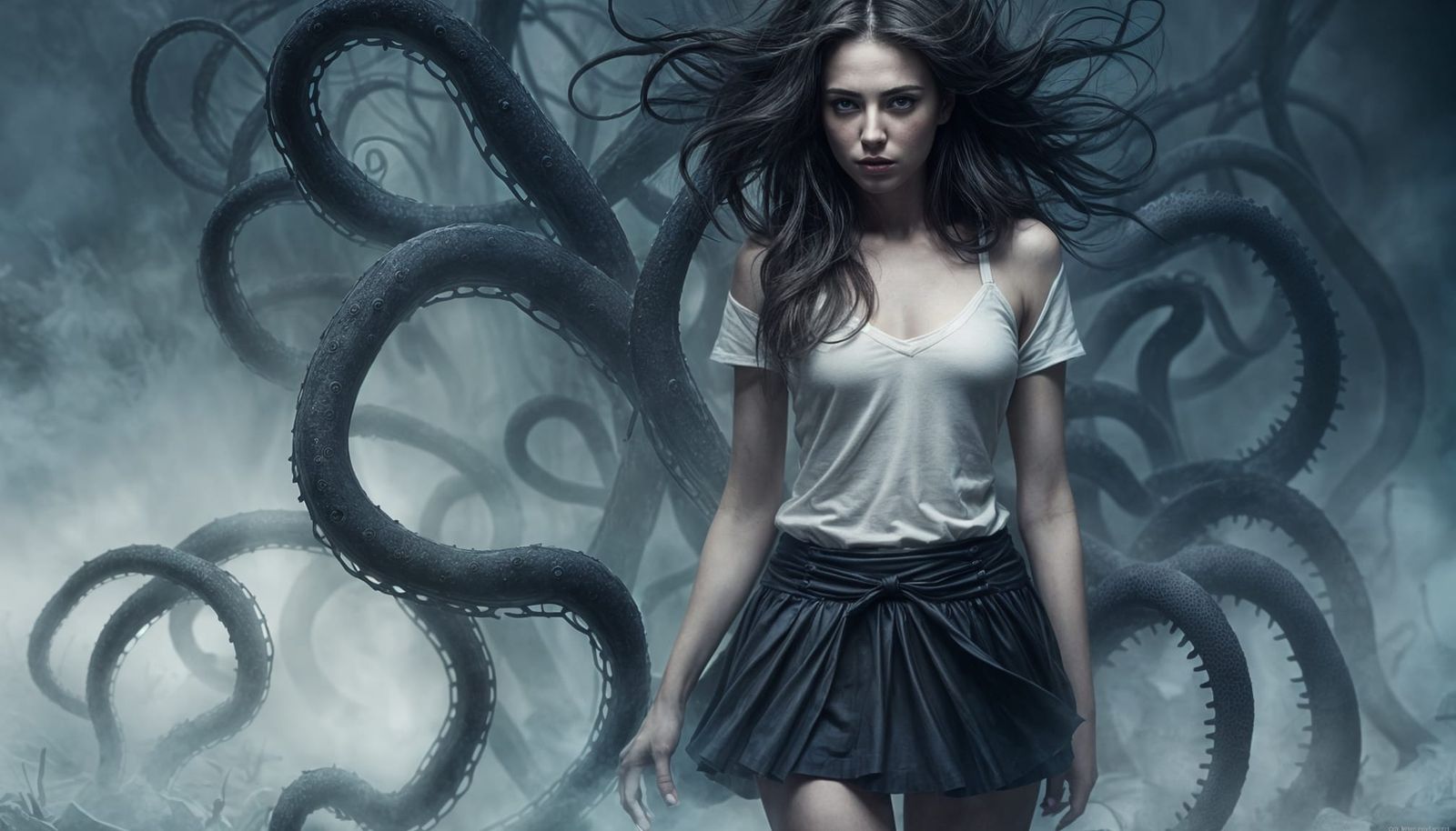 Mysterious Woman in Mist with Tentacles