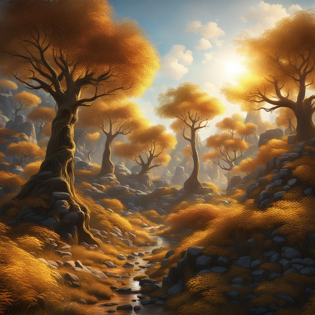 Golden Trees Shimmering in Sunlight: Detailed Matte Painting
