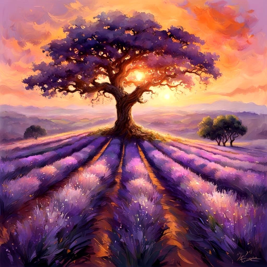 Lavender Fields at Sunset in Romantic Style